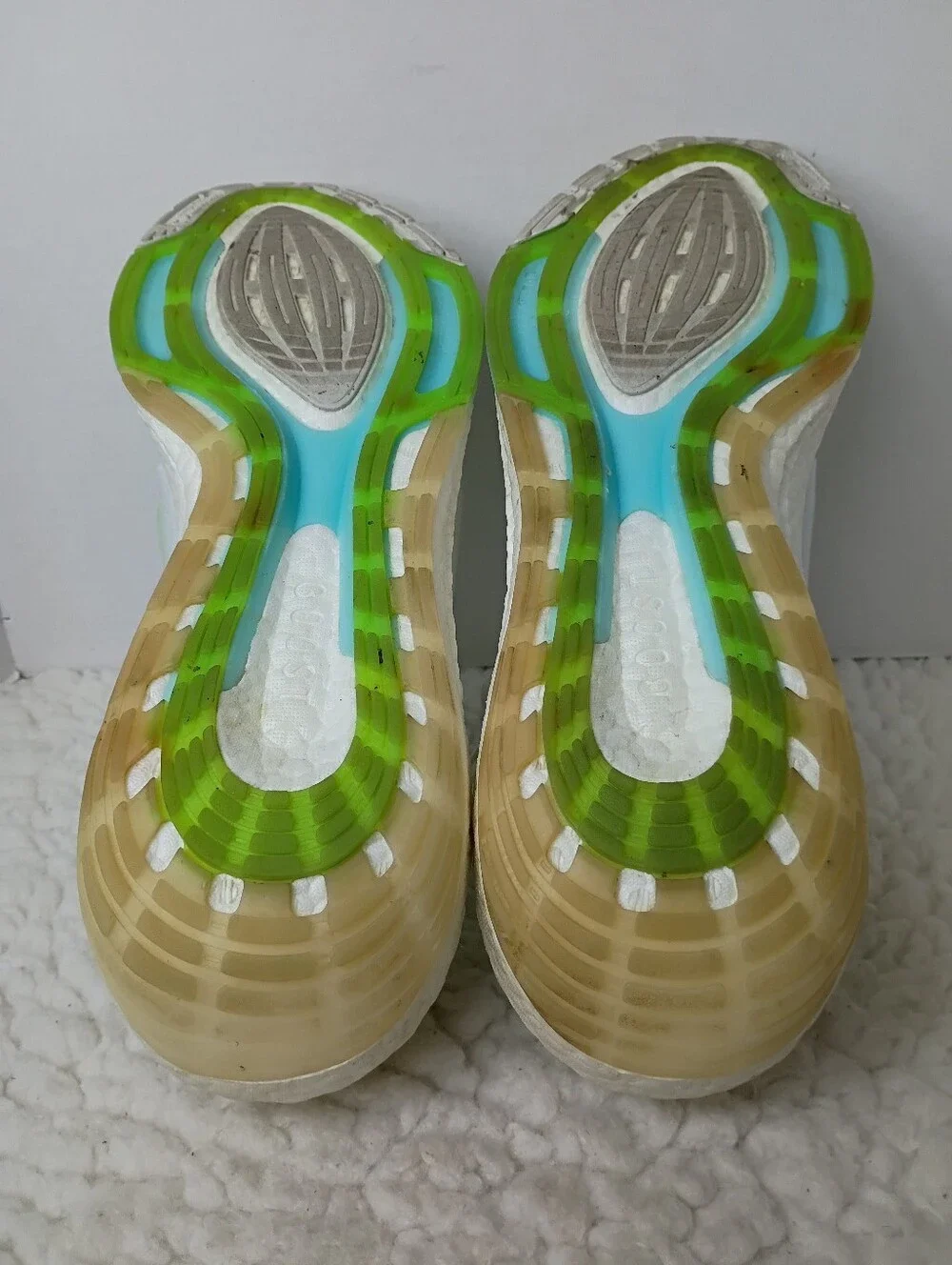 Adidas Ultraboost 22 Mens 14 White Solar Green Bliss Blue Running Shoes GX5913.